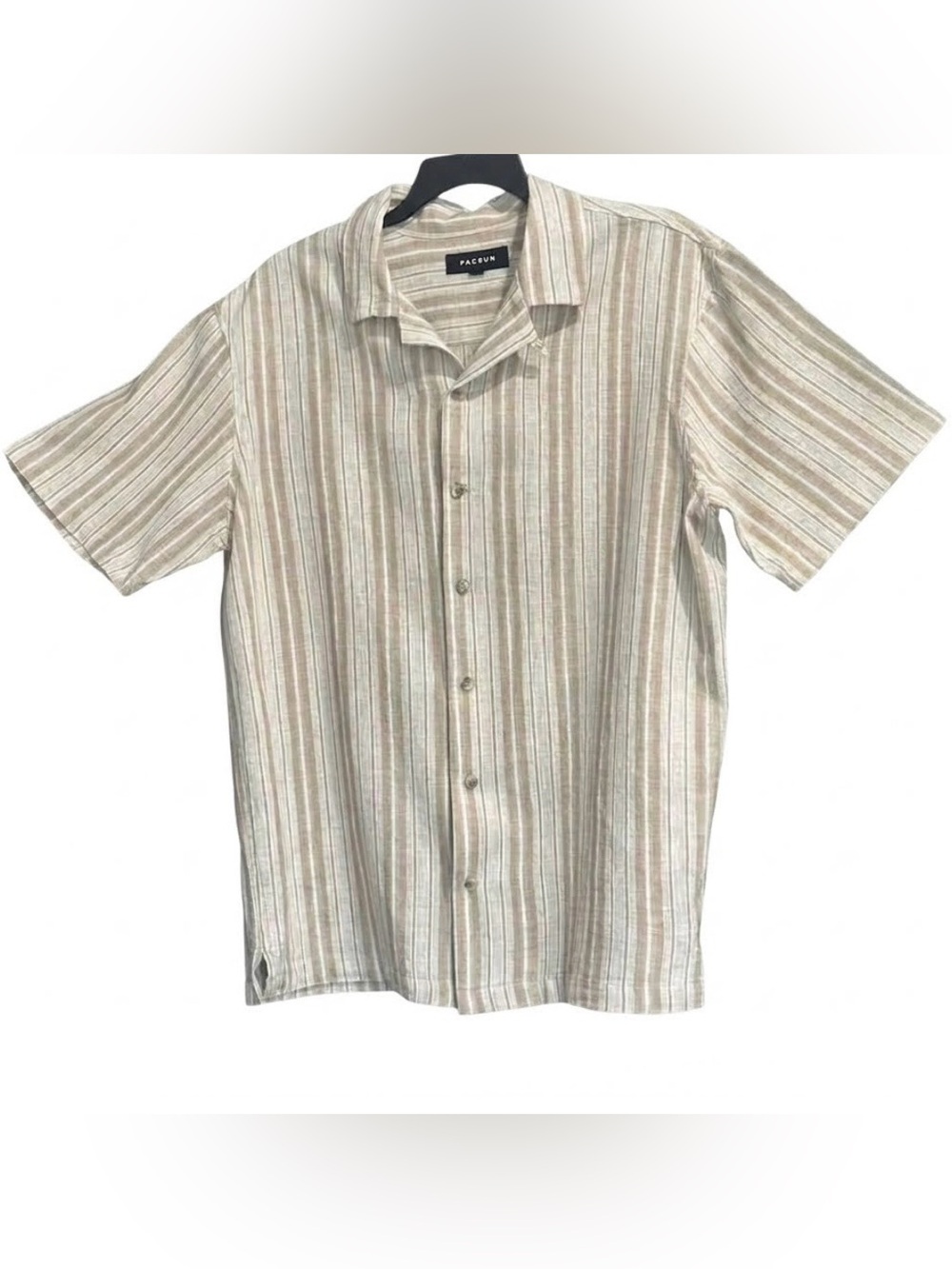 PacSun Tan Cream Striped Button Down Camp
Shirt L Linen Cotton